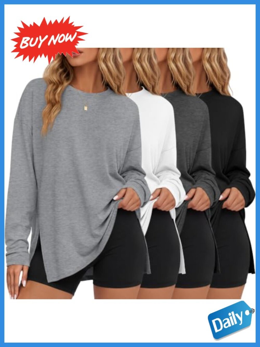 4 Pack Womens Long Sleeve Oversized T-Shirts Loose Fit Crew Neck Tops